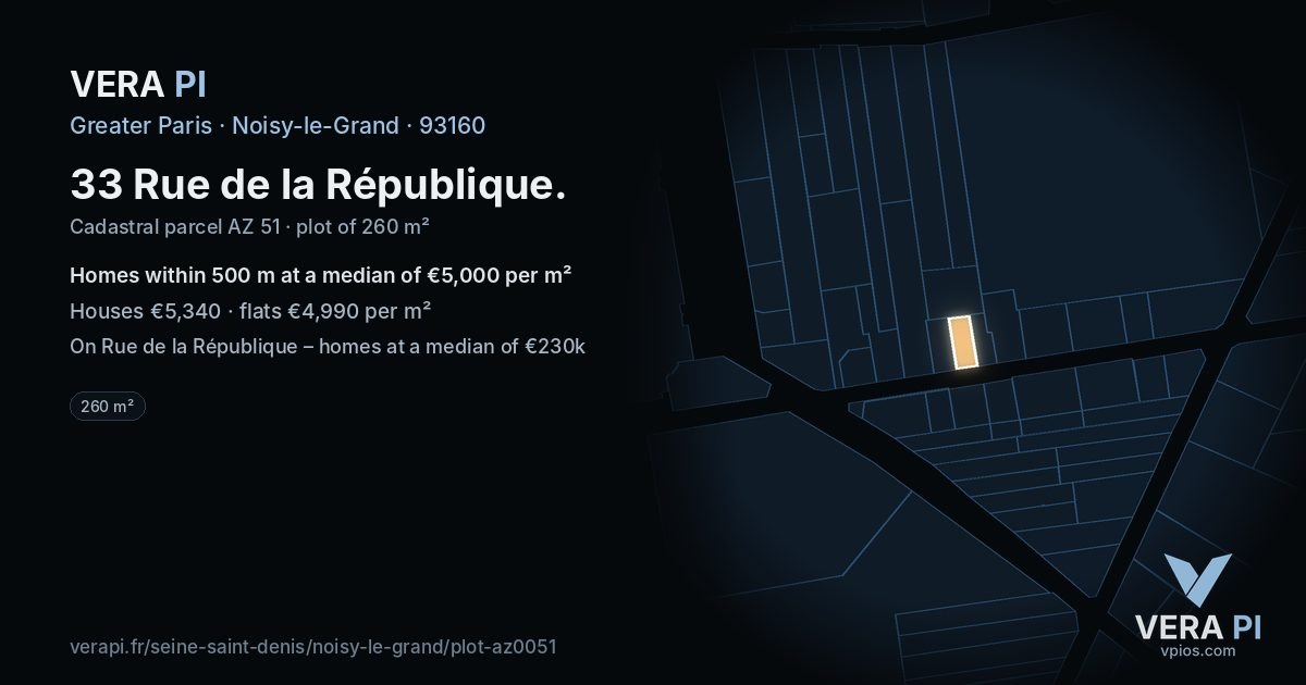 33 Rue de la République, Noisy-le-Grand at night – the plot lit, the parcels around coloured by the prices near them