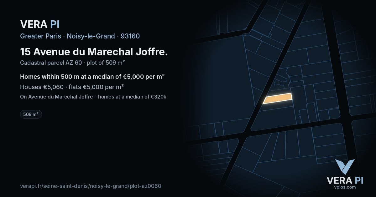 15 Avenue du Marechal Joffre, Noisy-le-Grand at night – the plot lit, the parcels around coloured by the prices near them