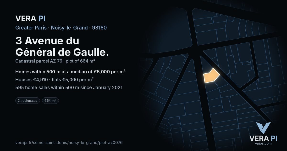 3 Avenue du Général de Gaulle, Noisy-le-Grand at night – the plot lit, the parcels around coloured by the prices near them