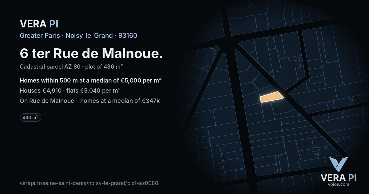 6 ter Rue de Malnoue, Noisy-le-Grand at night – the plot lit, the parcels around coloured by the prices near them
