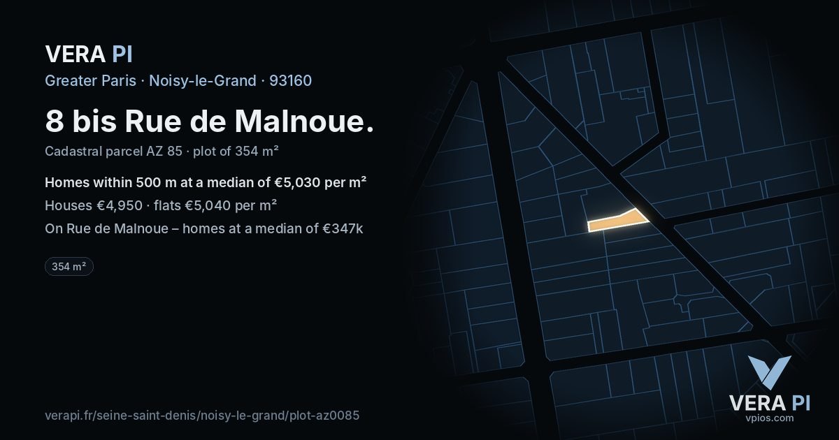 8 bis Rue de Malnoue, Noisy-le-Grand at night – the plot lit, the parcels around coloured by the prices near them
