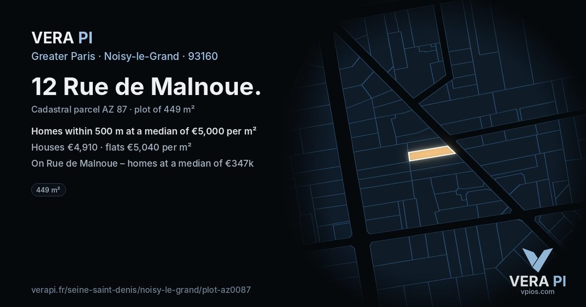 12 Rue de Malnoue, Noisy-le-Grand at night – the plot lit, the parcels around coloured by the prices near them