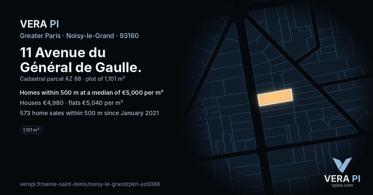 11 Avenue du Général de Gaulle, Noisy-le-Grand at night – the plot lit, the parcels around coloured by the prices near them