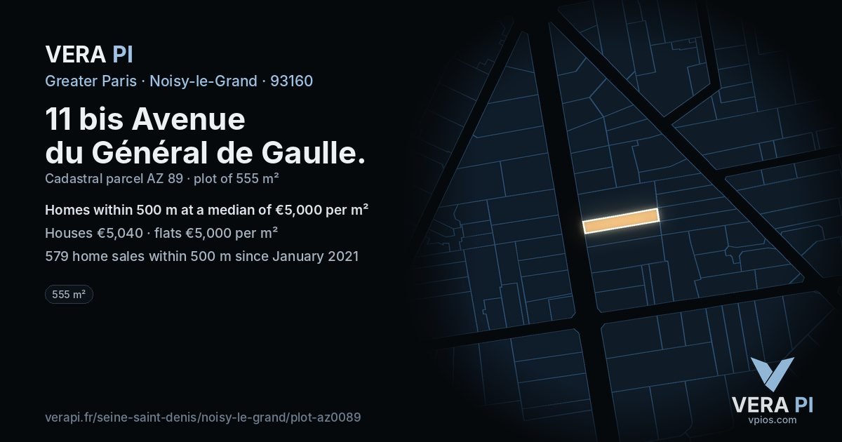 11 bis Avenue du Général de Gaulle, Noisy-le-Grand at night – the plot lit, the parcels around coloured by the prices near them