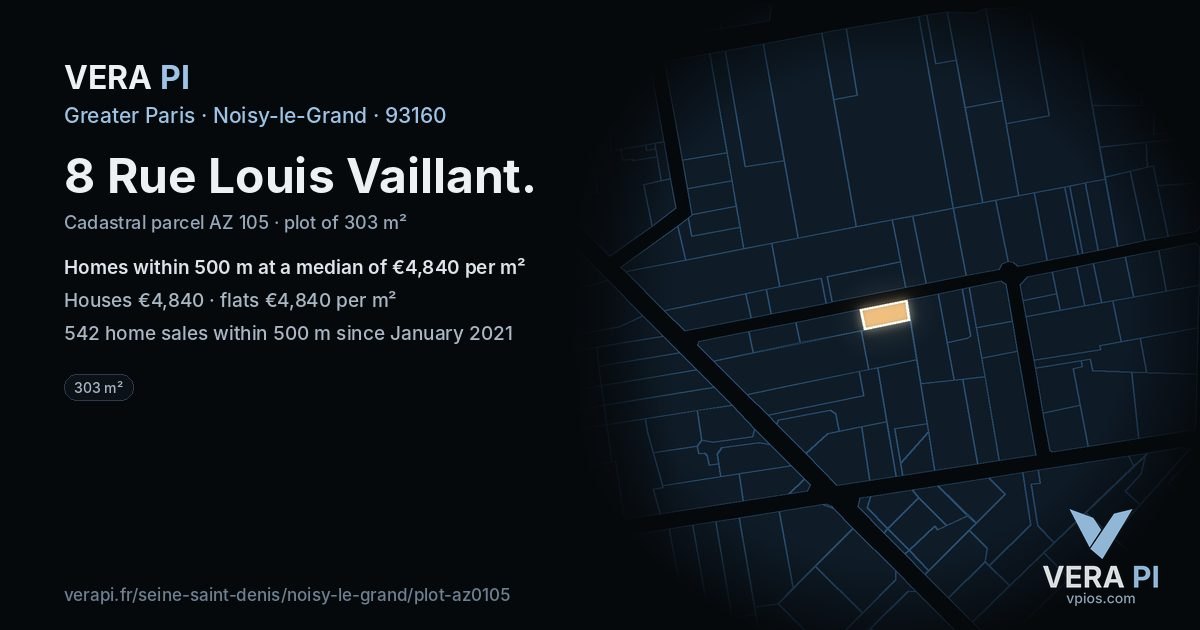 8 Rue Louis Vaillant, Noisy-le-Grand at night – the plot lit, the parcels around coloured by the prices near them