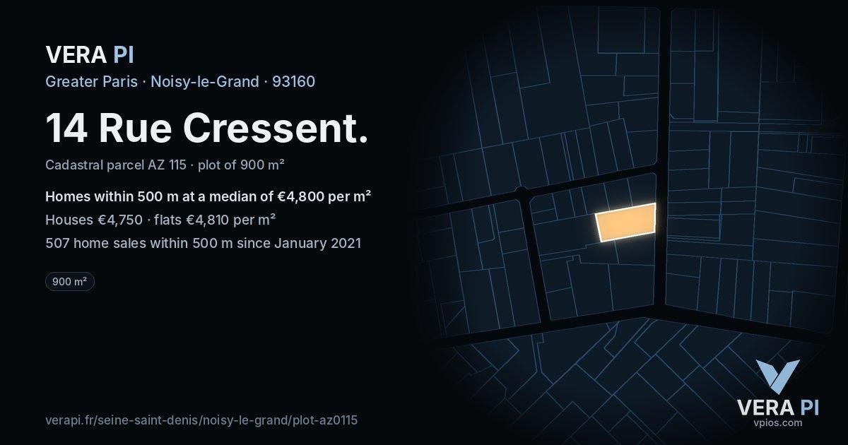 14 Rue Cressent, Noisy-le-Grand at night – the plot lit, the parcels around coloured by the prices near them