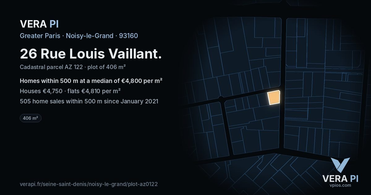 26 Rue Louis Vaillant, Noisy-le-Grand at night – the plot lit, the parcels around coloured by the prices near them