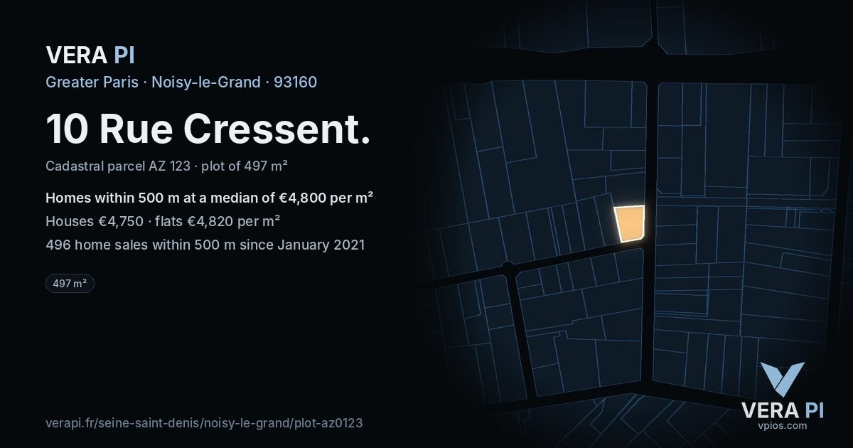 10 Rue Cressent, Noisy-le-Grand at night – the plot lit, the parcels around coloured by the prices near them