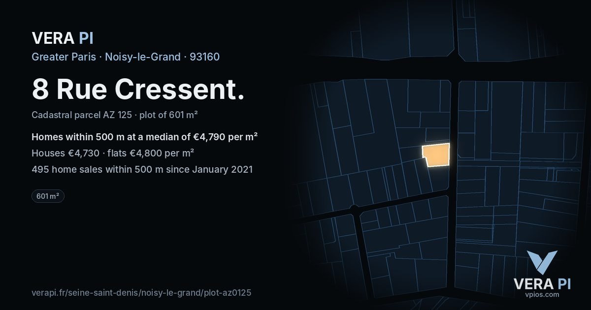 8 Rue Cressent, Noisy-le-Grand at night – the plot lit, the parcels around coloured by the prices near them