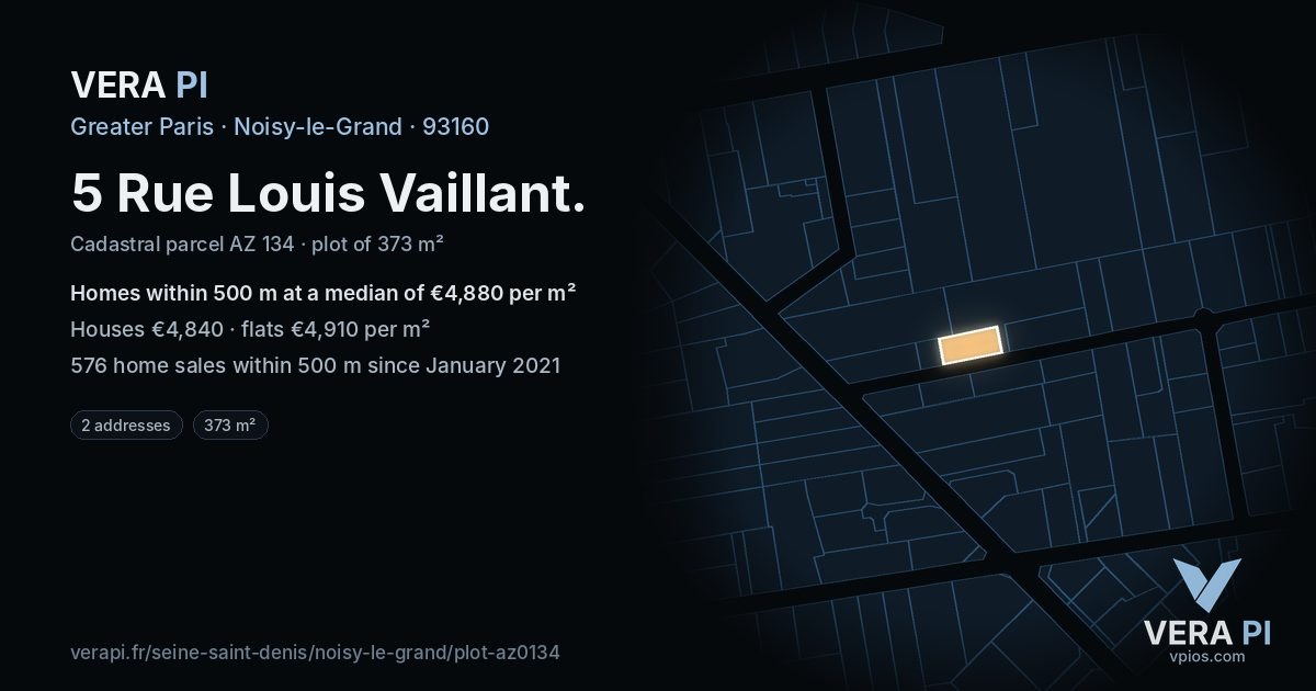 5 Rue Louis Vaillant, Noisy-le-Grand at night – the plot lit, the parcels around coloured by the prices near them