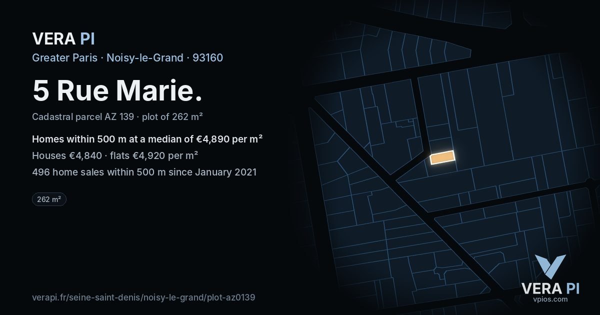 5 Rue Marie, Noisy-le-Grand at night – the plot lit, the parcels around coloured by the prices near them
