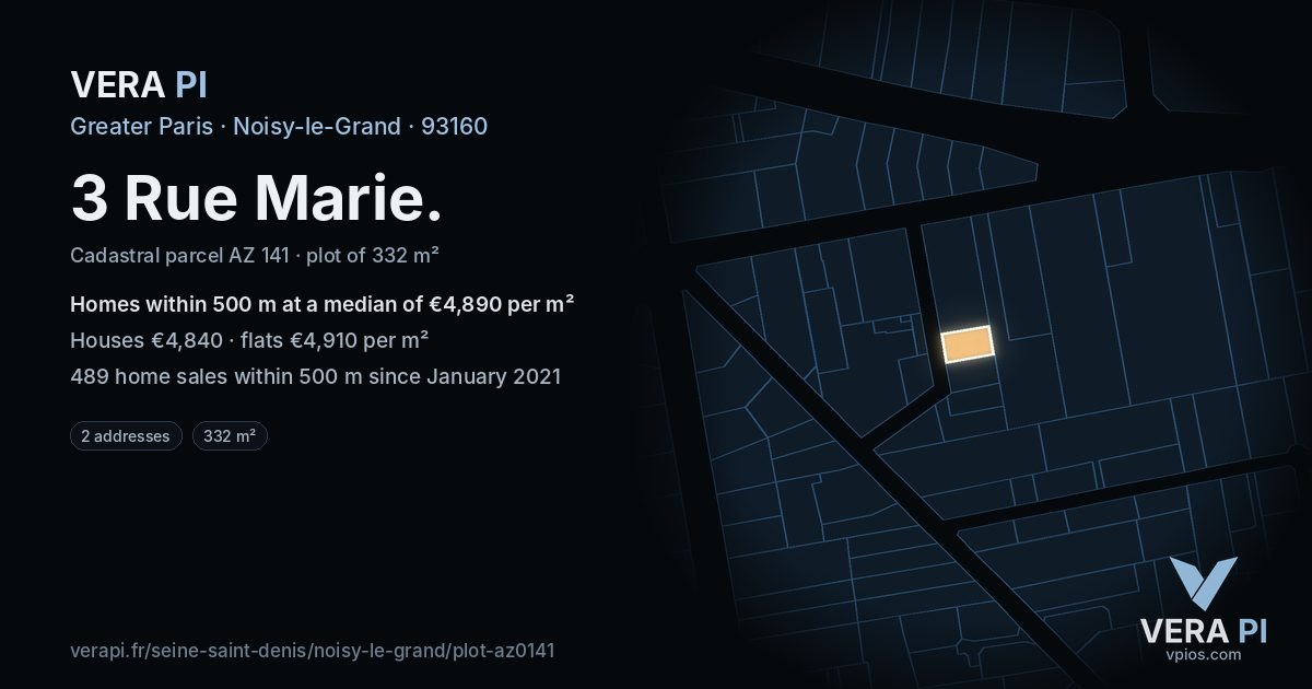 3 Rue Marie, Noisy-le-Grand at night – the plot lit, the parcels around coloured by the prices near them