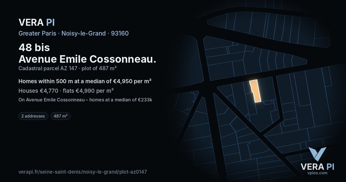 48 bis Avenue Emile Cossonneau, Noisy-le-Grand at night – the plot lit, the parcels around coloured by the prices near them
