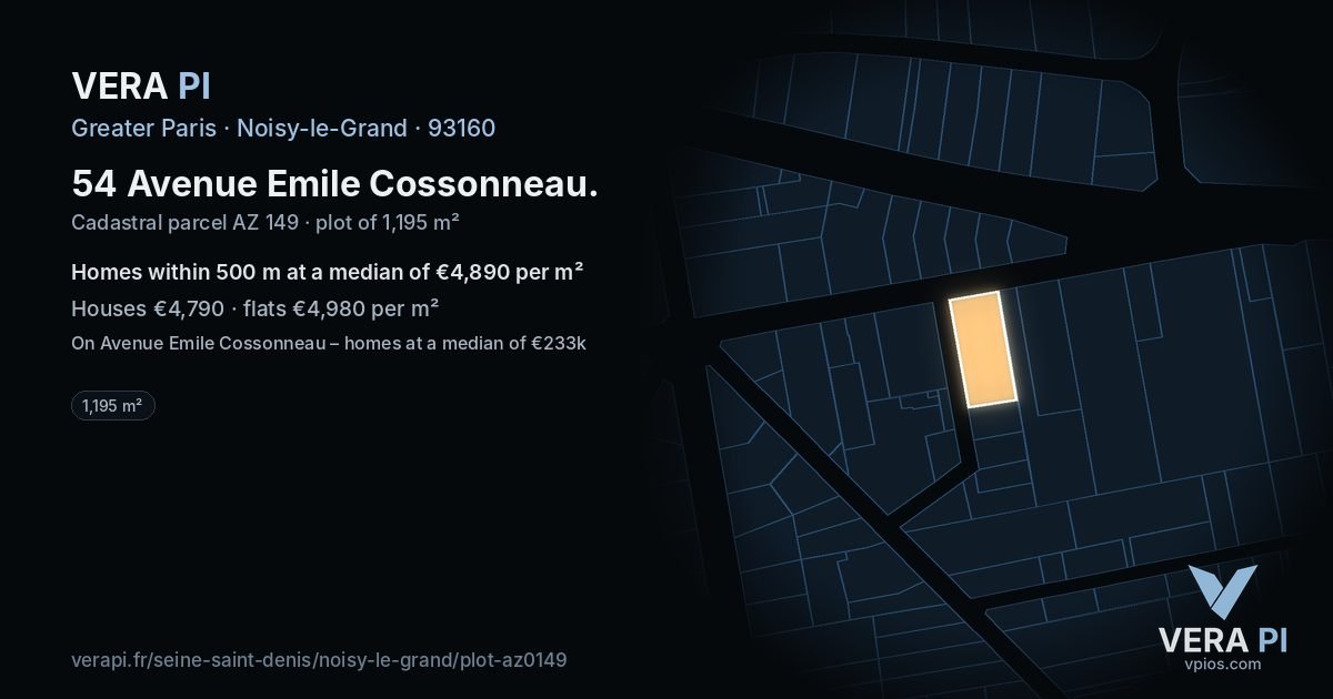 54 Avenue Emile Cossonneau, Noisy-le-Grand at night – the plot lit, the parcels around coloured by the prices near them