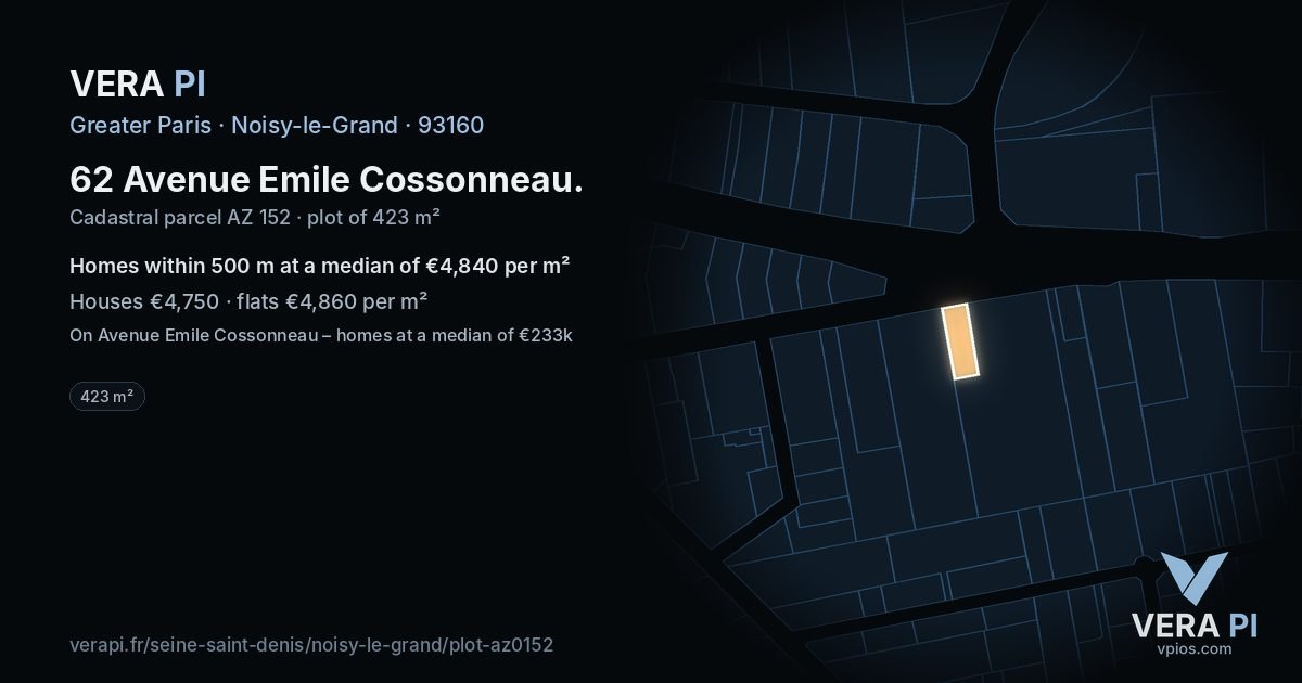62 Avenue Emile Cossonneau, Noisy-le-Grand at night – the plot lit, the parcels around coloured by the prices near them
