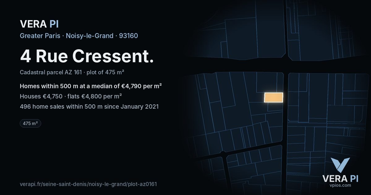 4 Rue Cressent, Noisy-le-Grand at night – the plot lit, the parcels around coloured by the prices near them