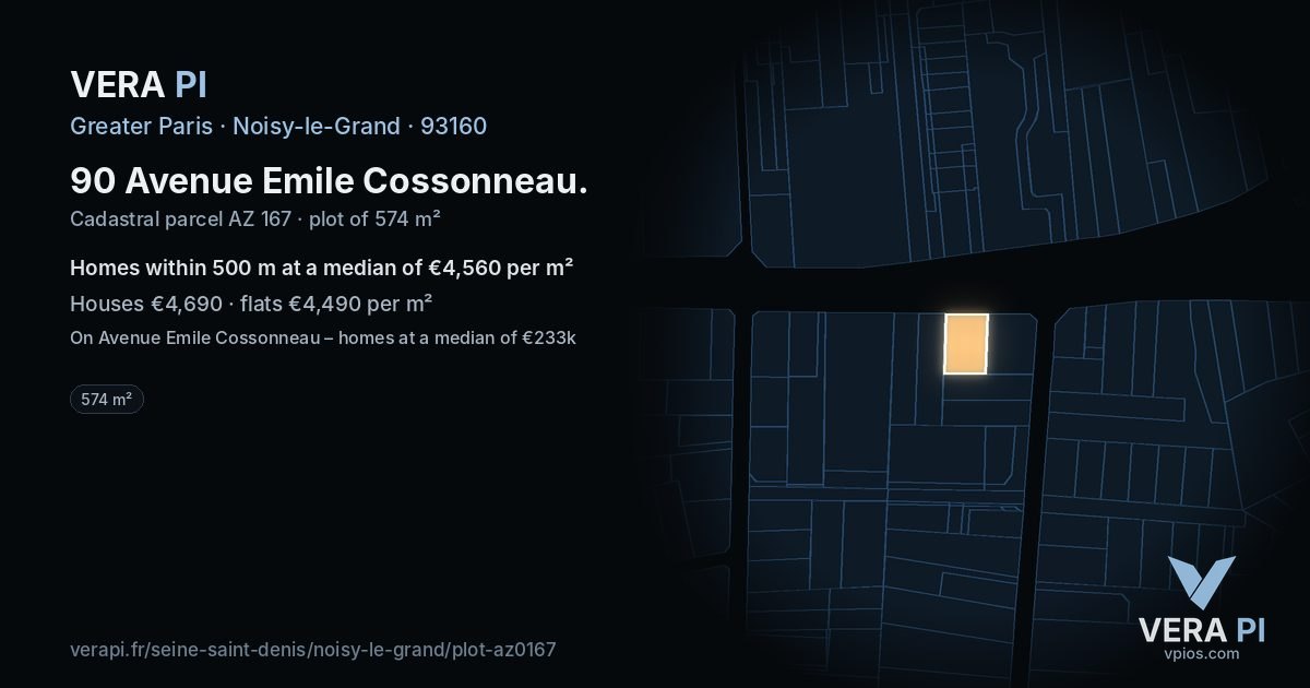 90 Avenue Emile Cossonneau, Noisy-le-Grand at night – the plot lit, the parcels around coloured by the prices near them