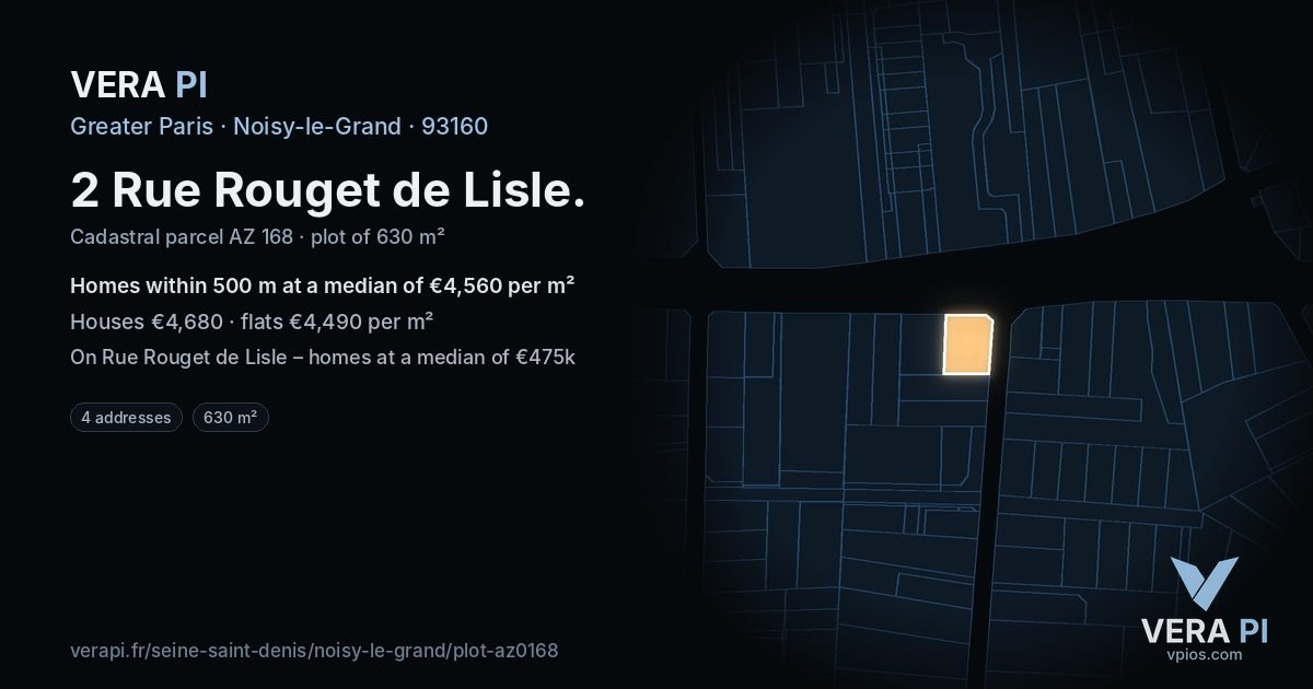 2 Rue Rouget de Lisle, Noisy-le-Grand at night – the plot lit, the parcels around coloured by the prices near them
