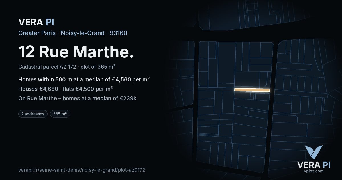 12 Rue Marthe, Noisy-le-Grand at night – the plot lit, the parcels around coloured by the prices near them
