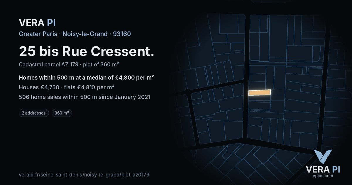 25 bis Rue Cressent, Noisy-le-Grand at night – the plot lit, the parcels around coloured by the prices near them