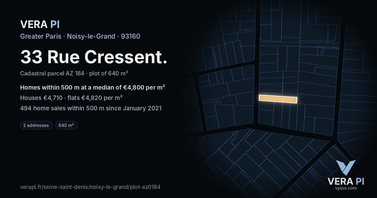 33 Rue Cressent, Noisy-le-Grand at night – the plot lit, the parcels around coloured by the prices near them