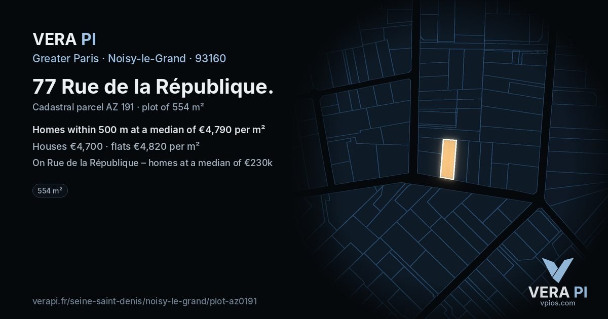 77 Rue de la République, Noisy-le-Grand at night – the plot lit, the parcels around coloured by the prices near them