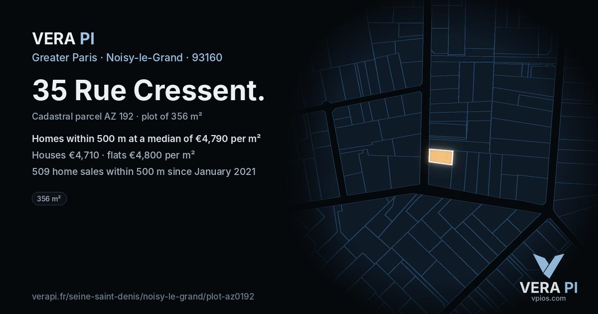 35 Rue Cressent, Noisy-le-Grand at night – the plot lit, the parcels around coloured by the prices near them