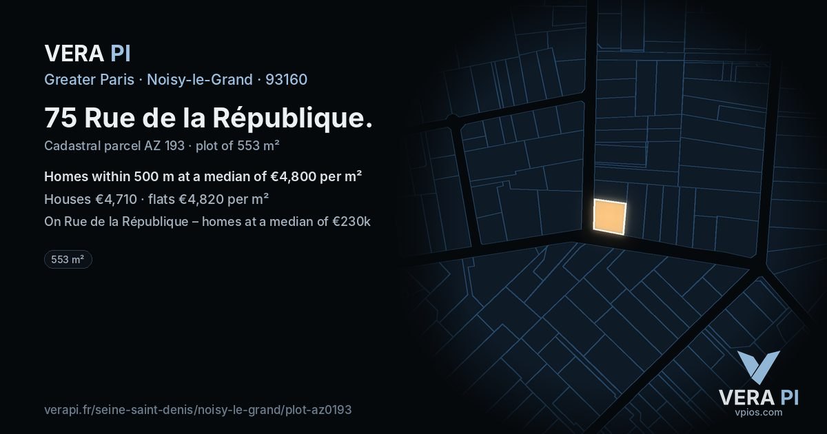 75 Rue de la République, Noisy-le-Grand at night – the plot lit, the parcels around coloured by the prices near them