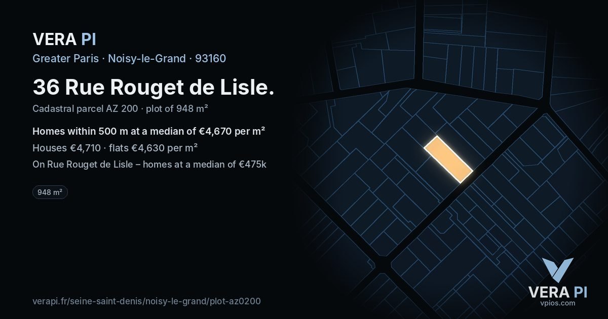 36 Rue Rouget de Lisle, Noisy-le-Grand at night – the plot lit, the parcels around coloured by the prices near them