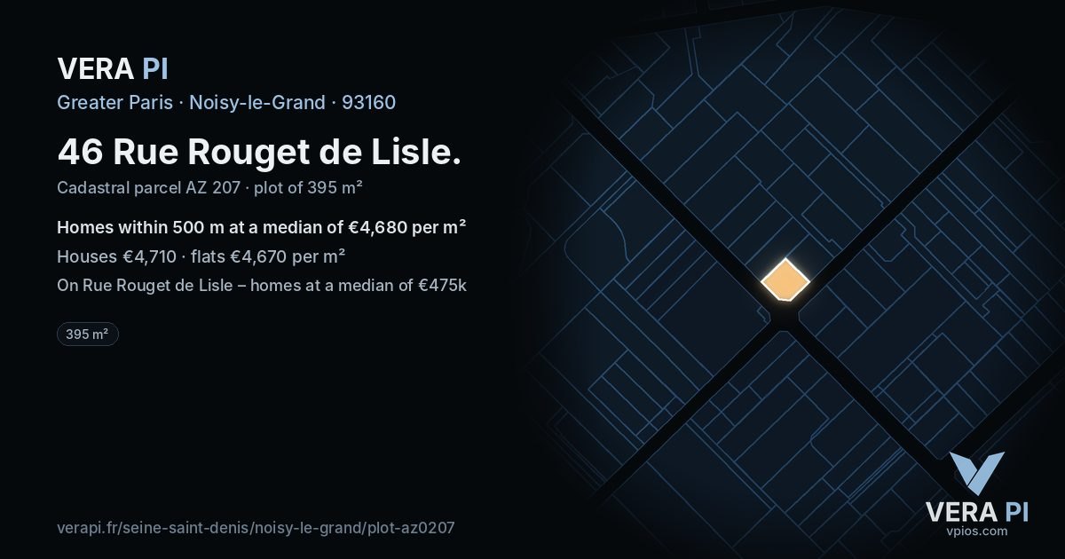 46 Rue Rouget de Lisle, Noisy-le-Grand at night – the plot lit, the parcels around coloured by the prices near them