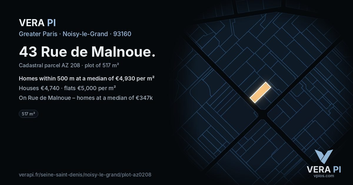 43 Rue de Malnoue, Noisy-le-Grand at night – the plot lit, the parcels around coloured by the prices near them