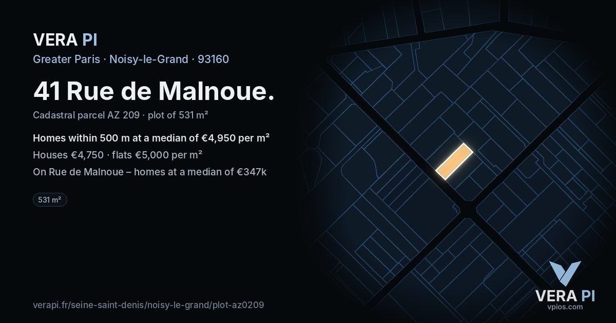 41 Rue de Malnoue, Noisy-le-Grand at night – the plot lit, the parcels around coloured by the prices near them