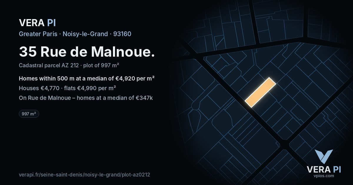 35 Rue de Malnoue, Noisy-le-Grand at night – the plot lit, the parcels around coloured by the prices near them