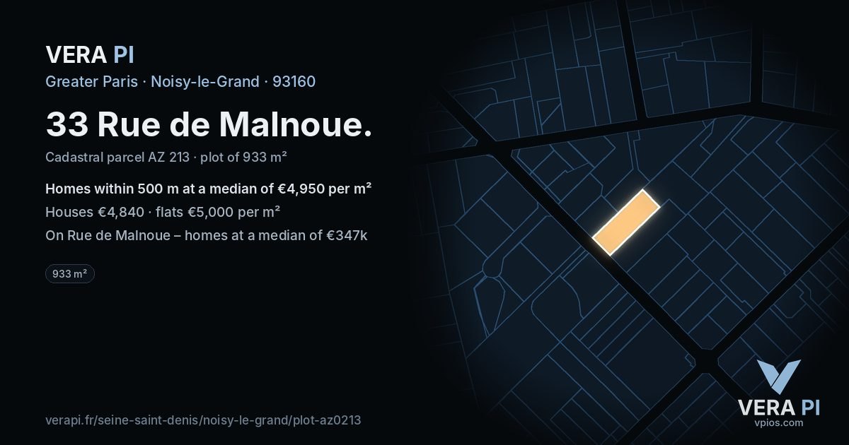33 Rue de Malnoue, Noisy-le-Grand at night – the plot lit, the parcels around coloured by the prices near them