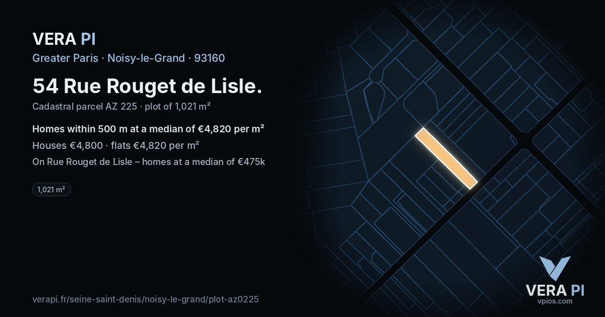 54 Rue Rouget de Lisle, Noisy-le-Grand at night – the plot lit, the parcels around coloured by the prices near them