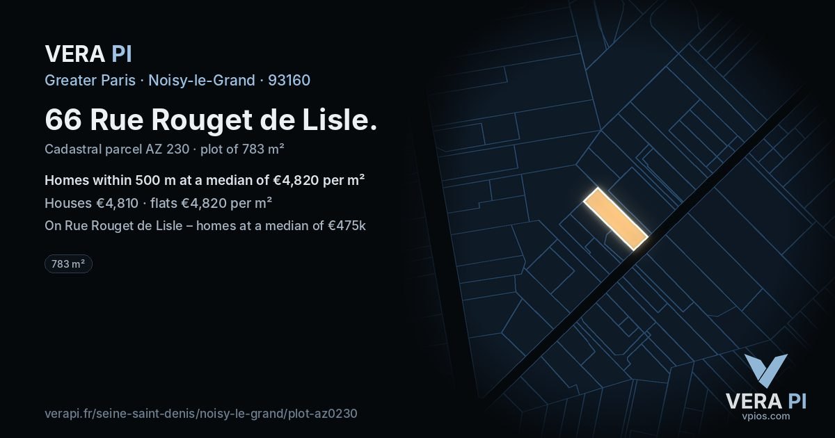 66 Rue Rouget de Lisle, Noisy-le-Grand at night – the plot lit, the parcels around coloured by the prices near them