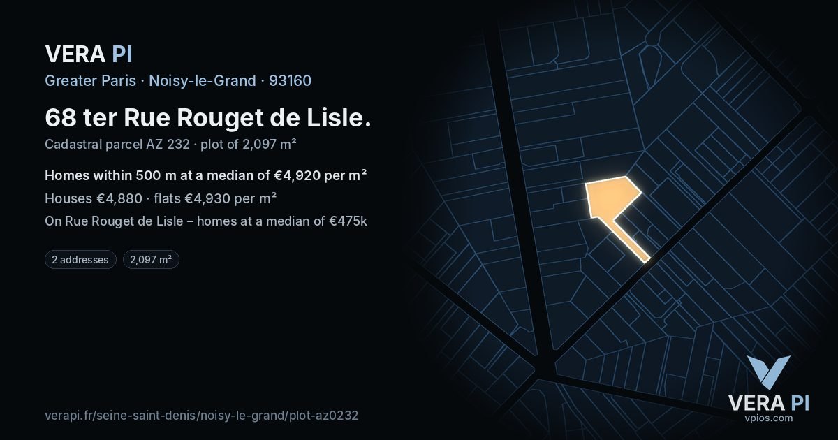 68 ter Rue Rouget de Lisle, Noisy-le-Grand at night – the plot lit, the parcels around coloured by the prices near them