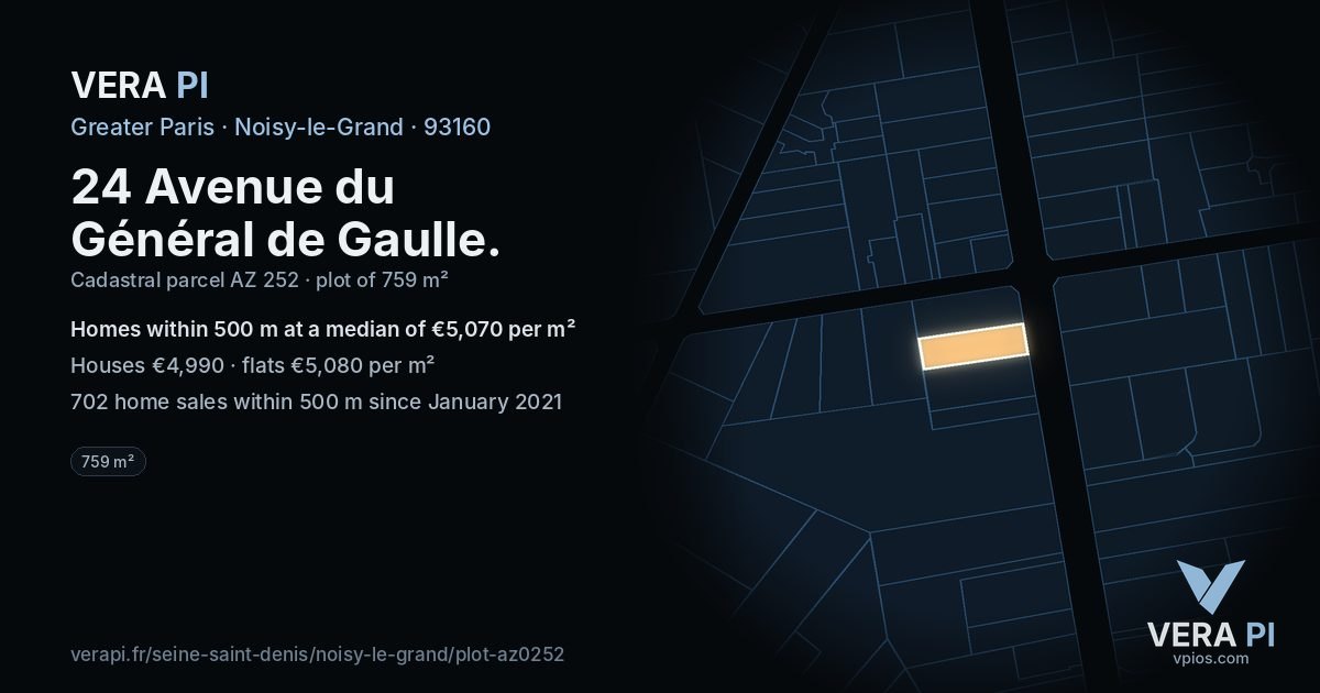 24 Avenue du Général de Gaulle, Noisy-le-Grand at night – the plot lit, the parcels around coloured by the prices near them