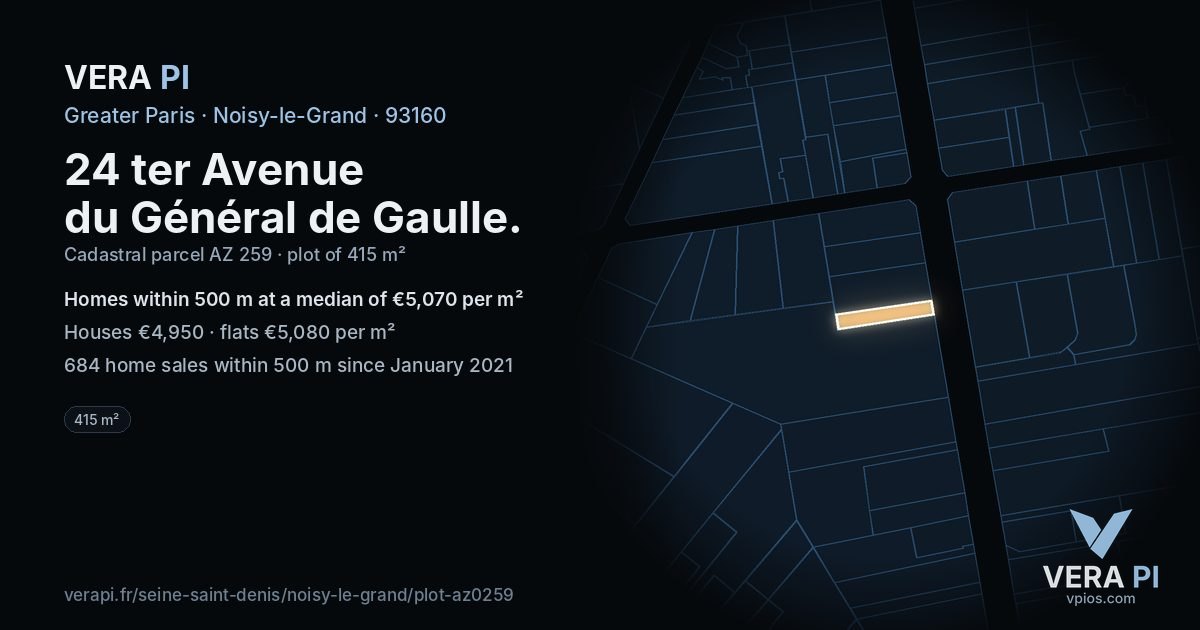 24 ter Avenue du Général de Gaulle, Noisy-le-Grand at night – the plot lit, the parcels around coloured by the prices near them