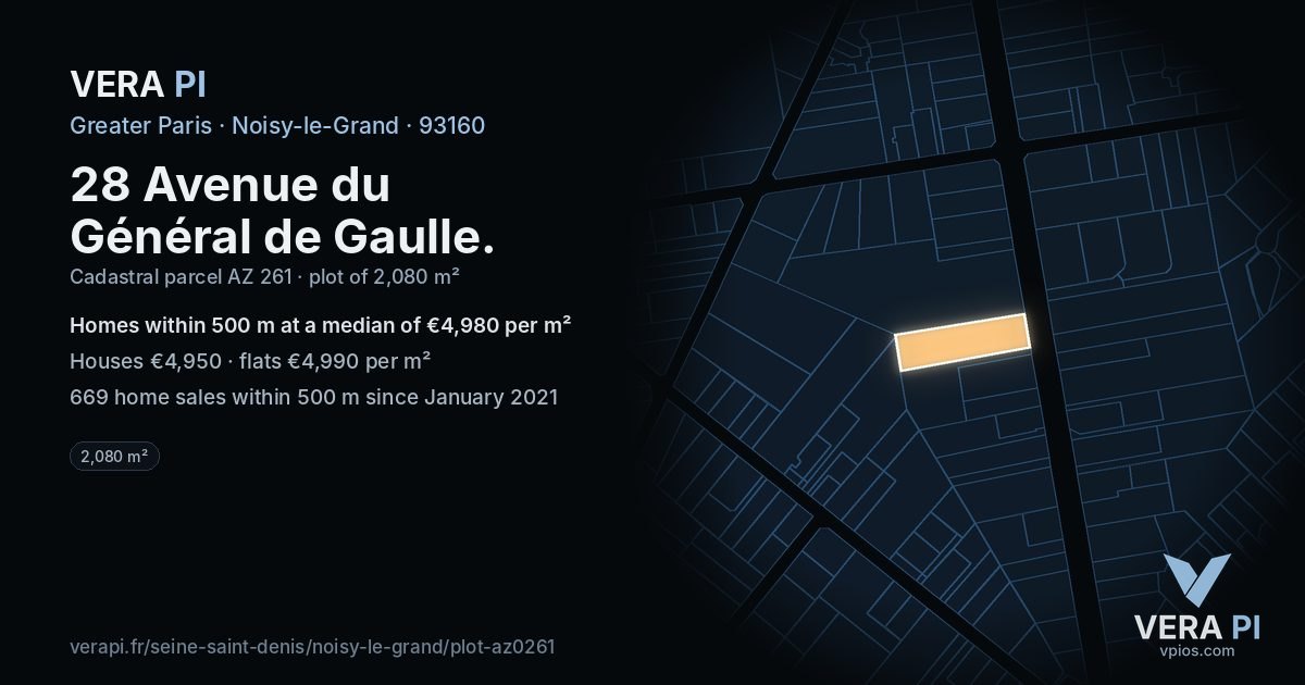 28 Avenue du Général de Gaulle, Noisy-le-Grand at night – the plot lit, the parcels around coloured by the prices near them