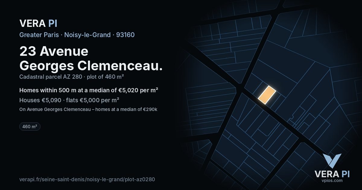 23 Avenue Georges Clemenceau, Noisy-le-Grand at night – the plot lit, the parcels around coloured by the prices near them