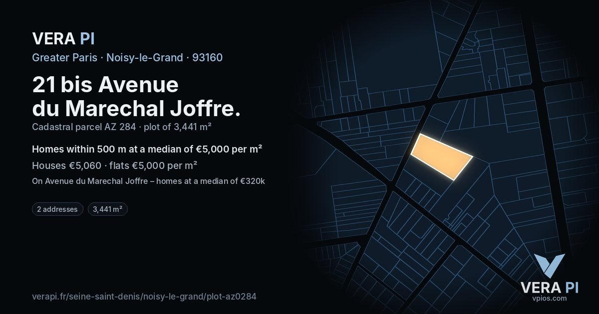21 bis Avenue du Marechal Joffre, Noisy-le-Grand at night – the plot lit, the parcels around coloured by the prices near them