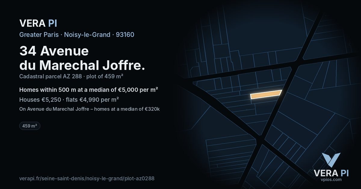 34 Avenue du Marechal Joffre, Noisy-le-Grand at night – the plot lit, the parcels around coloured by the prices near them