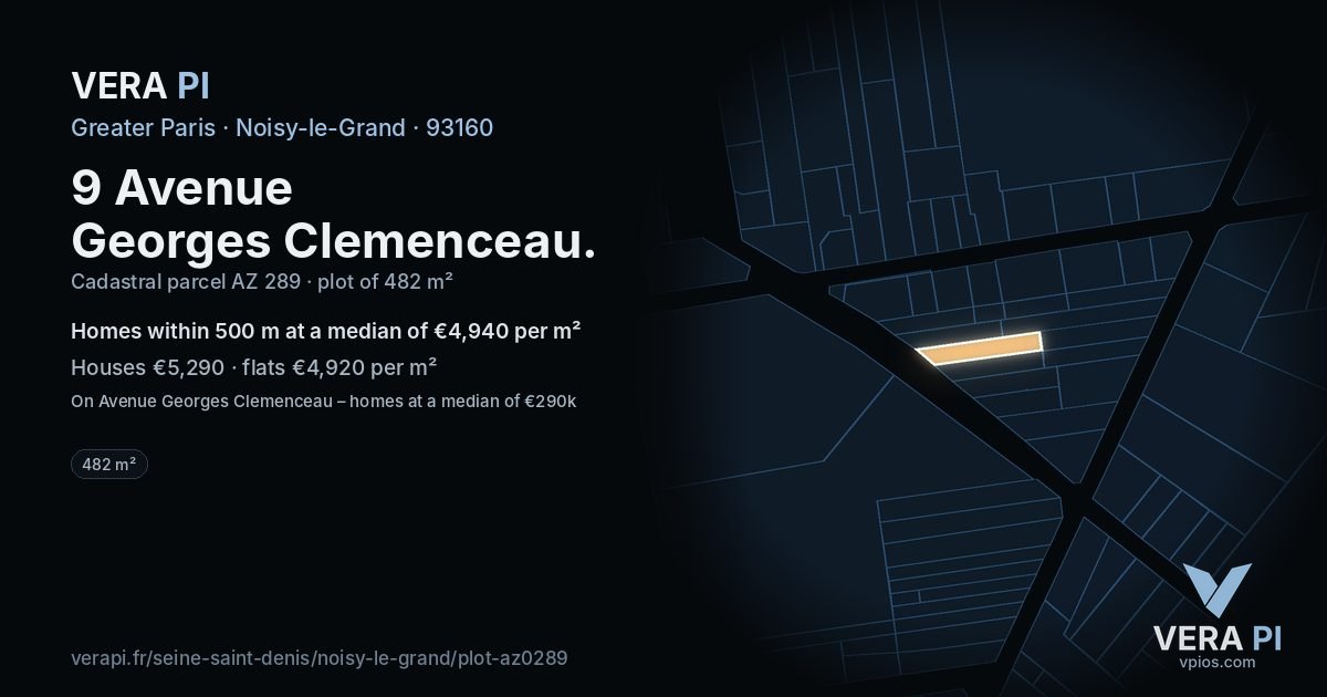 9 Avenue Georges Clemenceau, Noisy-le-Grand at night – the plot lit, the parcels around coloured by the prices near them