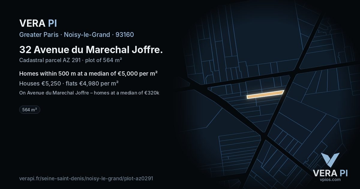32 Avenue du Marechal Joffre, Noisy-le-Grand at night – the plot lit, the parcels around coloured by the prices near them