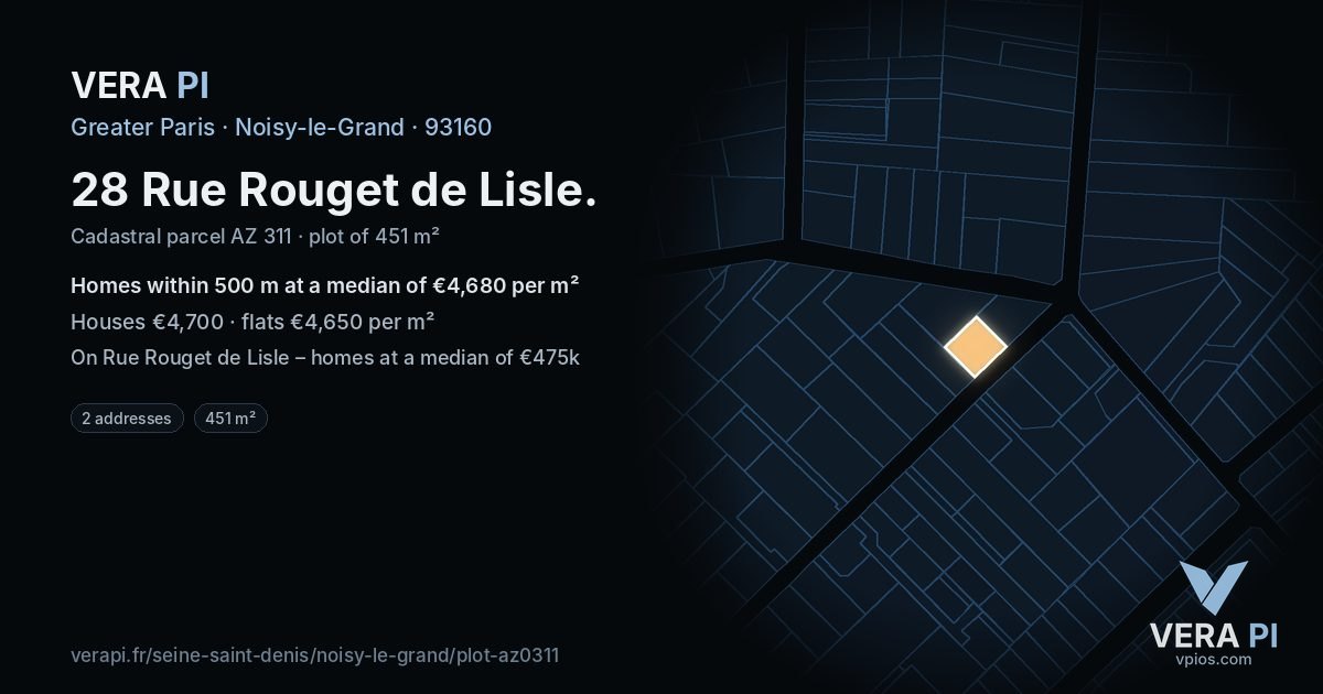 28 Rue Rouget de Lisle, Noisy-le-Grand at night – the plot lit, the parcels around coloured by the prices near them