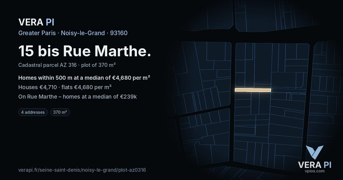 15 bis Rue Marthe, Noisy-le-Grand at night – the plot lit, the parcels around coloured by the prices near them