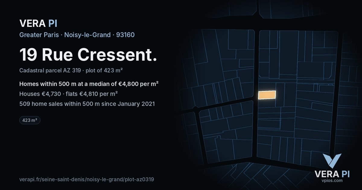 19 Rue Cressent, Noisy-le-Grand at night – the plot lit, the parcels around coloured by the prices near them