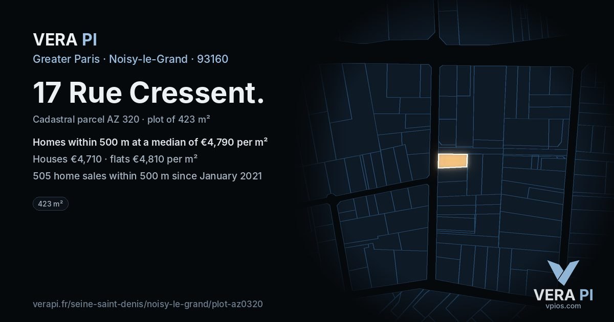 17 Rue Cressent, Noisy-le-Grand at night – the plot lit, the parcels around coloured by the prices near them
