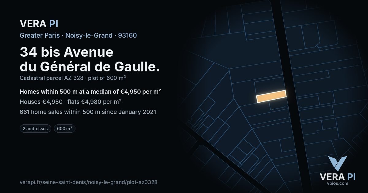 34 bis Avenue du Général de Gaulle, Noisy-le-Grand at night – the plot lit, the parcels around coloured by the prices near them